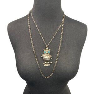 Vintage Owl Pendant Necklace Double Layer Chain Turquoise Eyes 20 Inch